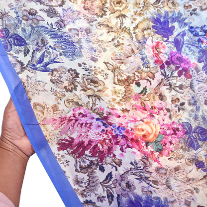 Women Vintage Sari Blue & ivory Pure Georgette Silk Digital Printed Saree Craft Fabric Sewing 5Yd Light Dress Making Geometric Crafting