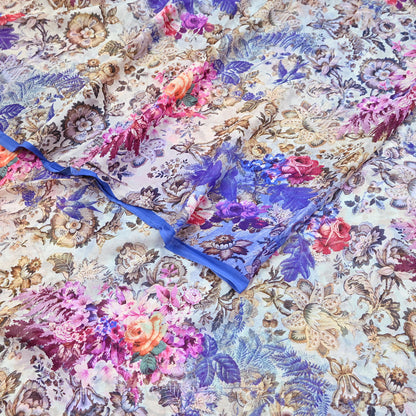 Women Vintage Sari Blue & ivory Pure Georgette Silk Digital Printed Saree Craft Fabric Sewing 5Yd Light Dress Making Geometric Crafting