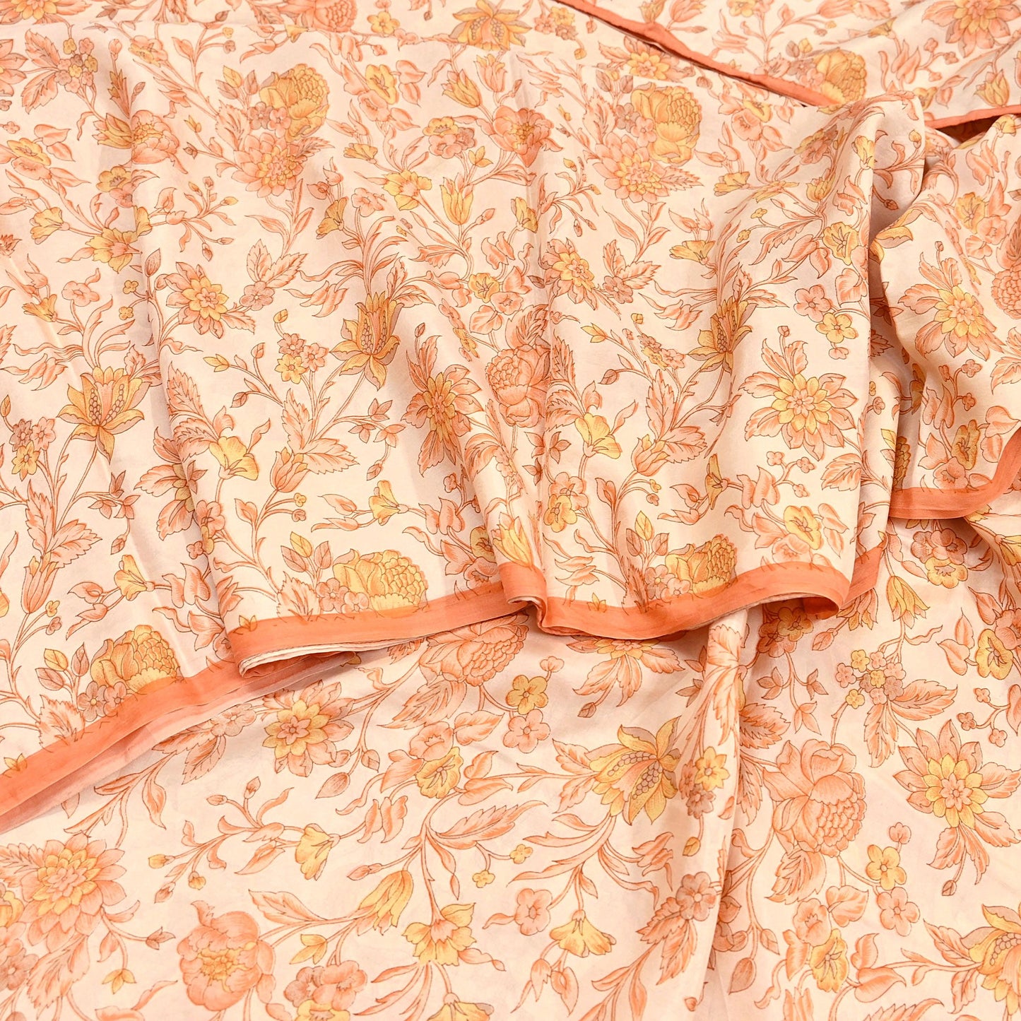 Indian Vintage Sari beige & orange 100% Pure Silk Printed Sarees 6yd Craft Fabric Sewing Soft Dress Making Floral Quilting Crafting Upcycle