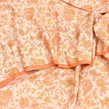 Indian Vintage Sari beige & orange 100% Pure Silk Printed Sarees 6yd Craft Fabric Sewing Soft Dress Making Floral Quilting Crafting Upcycle