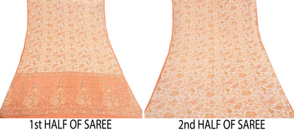 Indian Vintage Sari beige & orange 100% Pure Silk Printed Sarees 6yd Craft Fabric Sewing Soft Dress Making Floral Quilting Crafting Upcycle