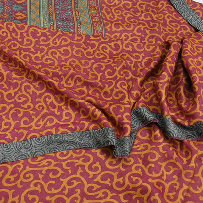 Vintage Maroon mustard Wool Saree Indian Pure Wool Floral Woven Fabric 6 Yard Soft Warm Craft Material for Winter Dressmaking & Sewing