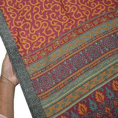 Vintage Maroon mustard Wool Saree Indian Pure Wool Floral Woven Fabric 6 Yard Soft Warm Craft Material for Winter Dressmaking & Sewing