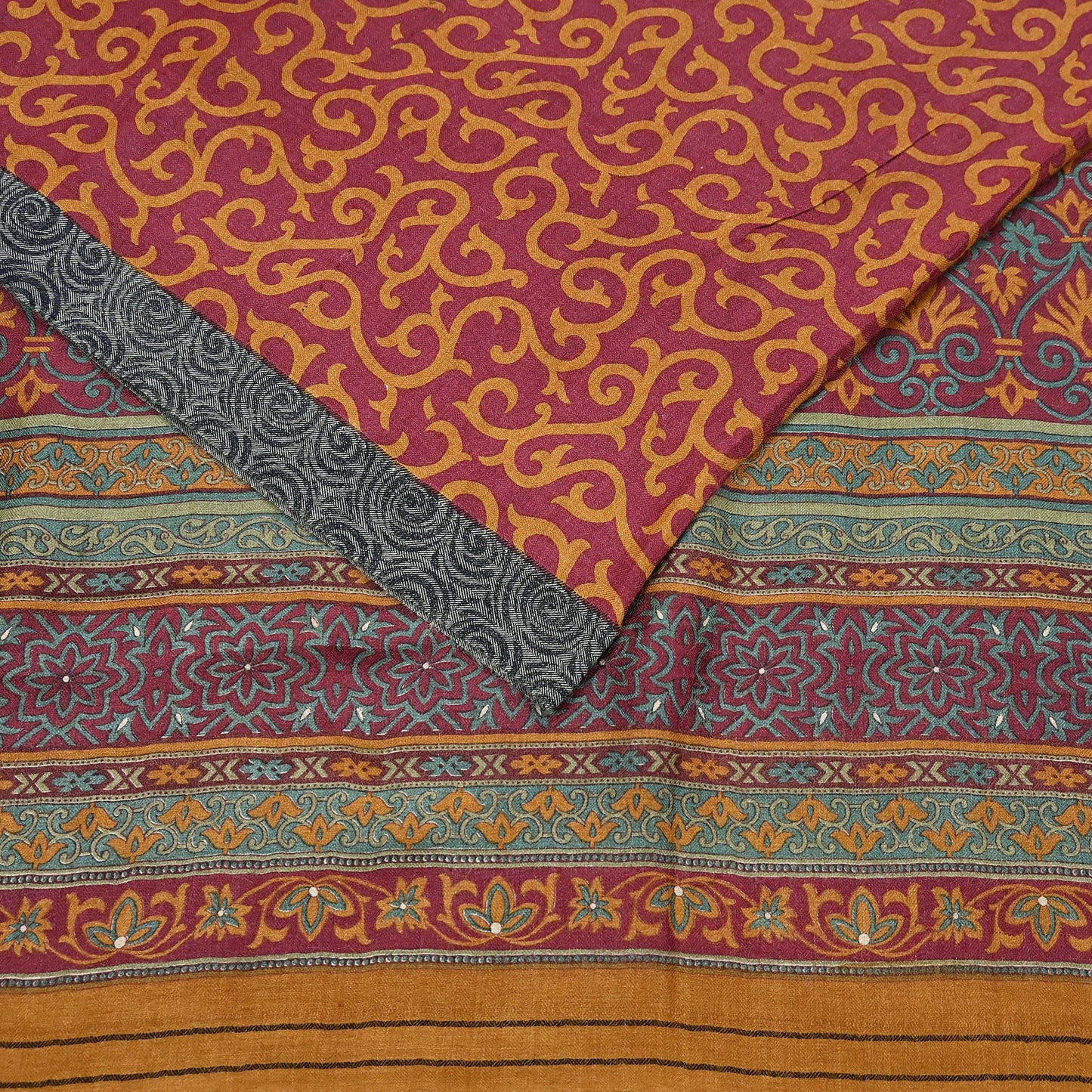 Vintage Maroon mustard Wool Saree Indian Pure Wool Floral Woven Fabric 6 Yard Soft Warm Craft Material for Winter Dressmaking & Sewing