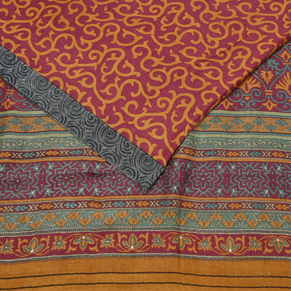 Vintage Maroon mustard Wool Saree Indian Pure Wool Floral Woven Fabric 6 Yard Soft Warm Craft Material for Winter Dressmaking & Sewing