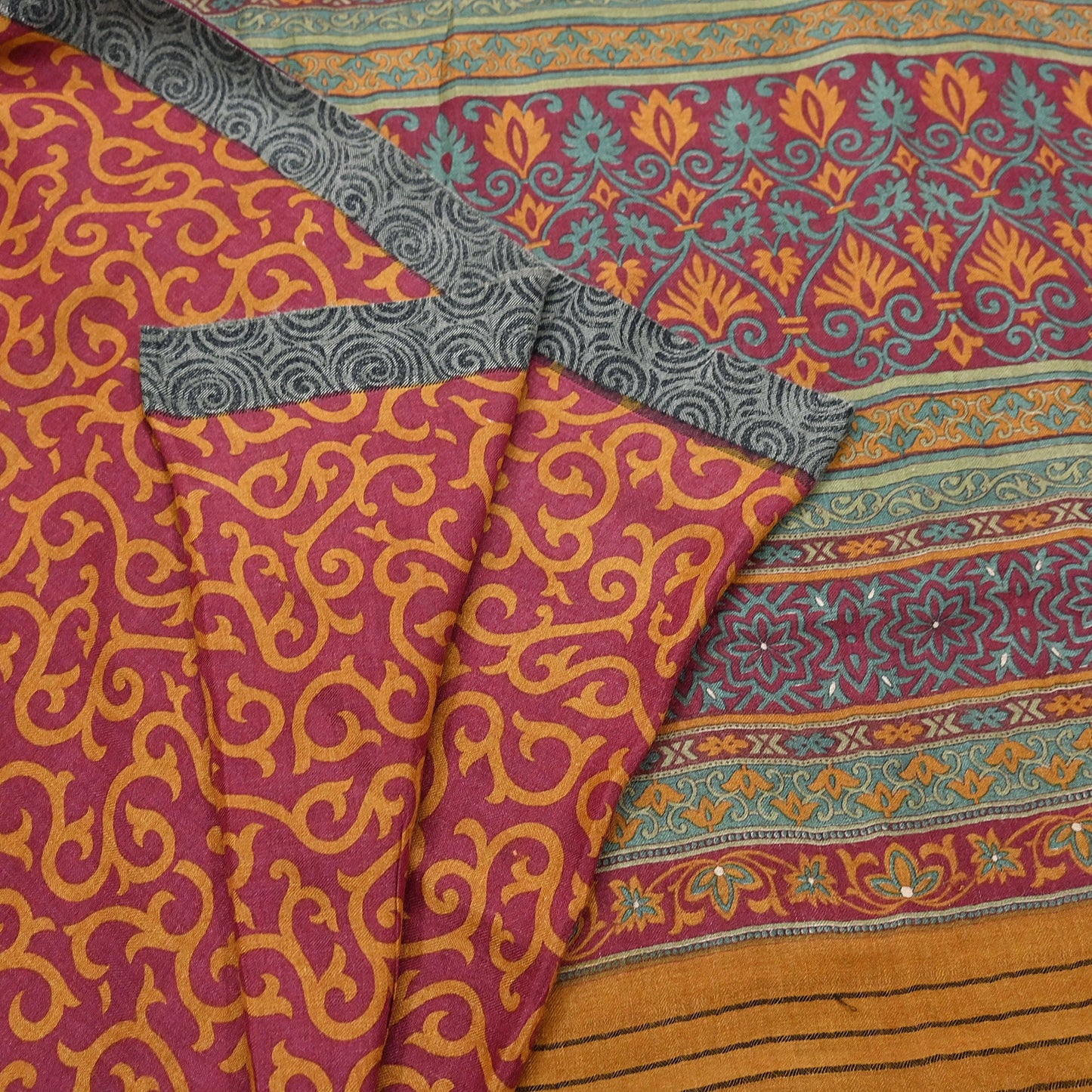 Vintage Maroon mustard Wool Saree Indian Pure Wool Floral Woven Fabric 6 Yard Soft Warm Craft Material for Winter Dressmaking & Sewing