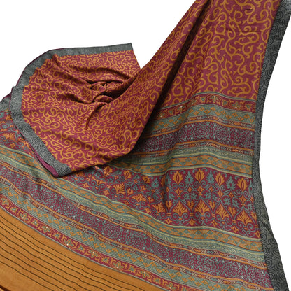 Vintage Maroon mustard Wool Saree Indian Pure Wool Floral Woven Fabric 6 Yard Soft Warm Craft Material for Winter Dressmaking & Sewing