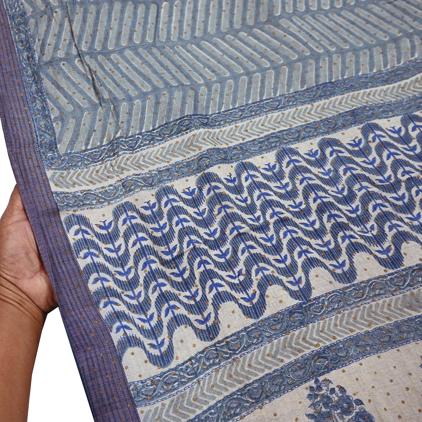 Indian Vintage Gray & Ivory Saree Pure Woolen Woven Printed Sari Warm Craft Fabric 6Yd Border Dress making Crafting Designing