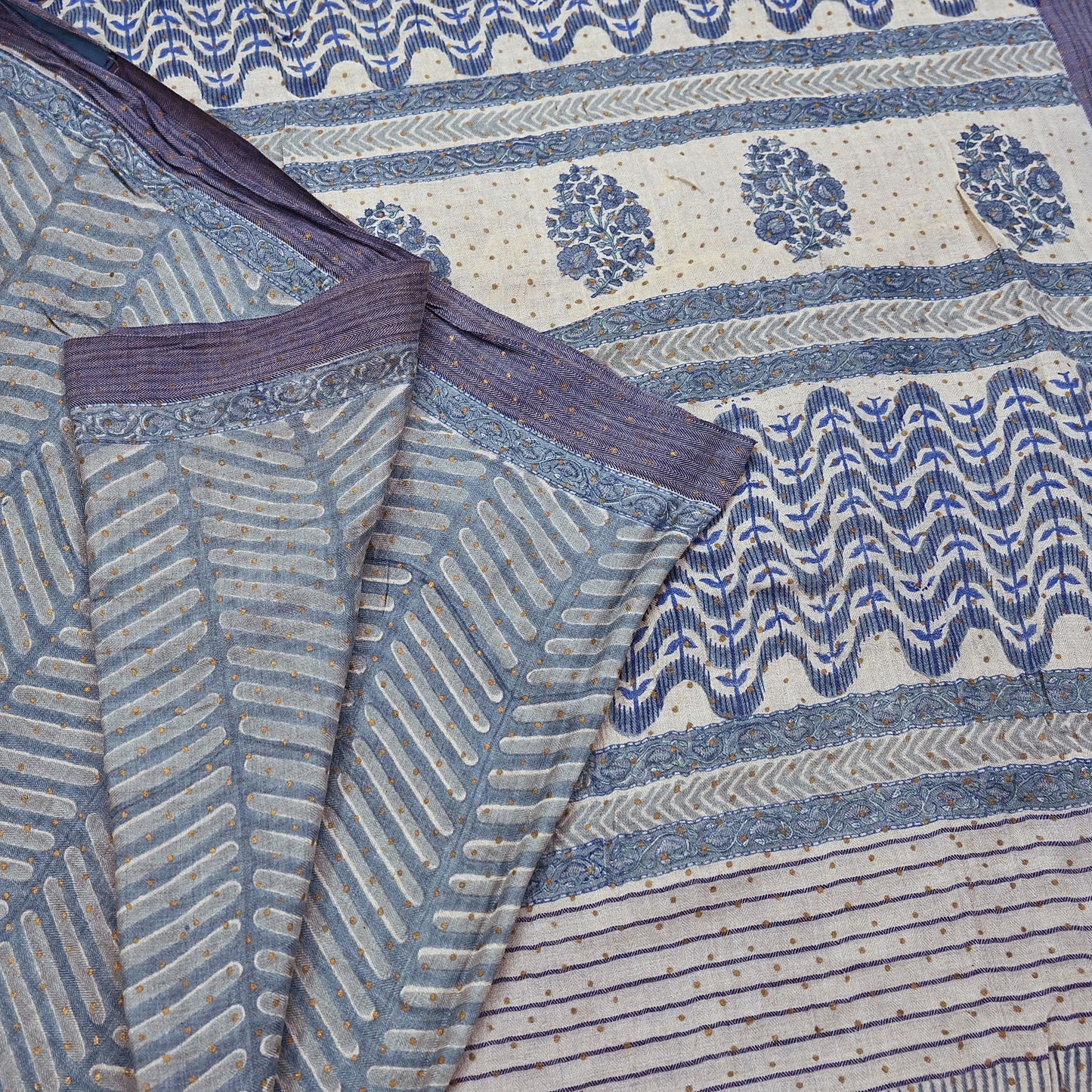 Indian Vintage Gray & Ivory Saree Pure Woolen Woven Printed Sari Warm Craft Fabric 6Yd Border Dress making Crafting Designing