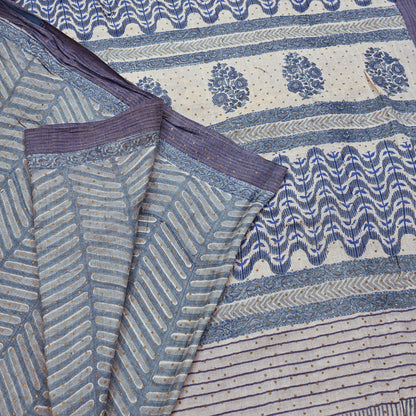 Indian Vintage Gray & Ivory Saree Pure Woolen Woven Printed Sari Warm Craft Fabric 6Yd Border Dress making Crafting Designing