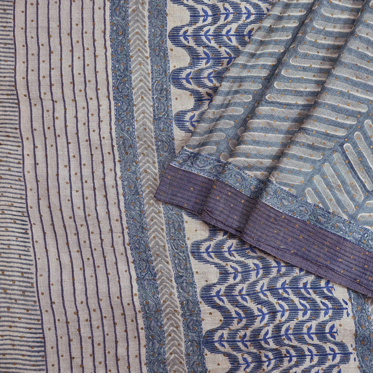 Indian Vintage Gray & Ivory Saree Pure Woolen Woven Printed Sari Warm Craft Fabric 6Yd Border Dress making Crafting Designing