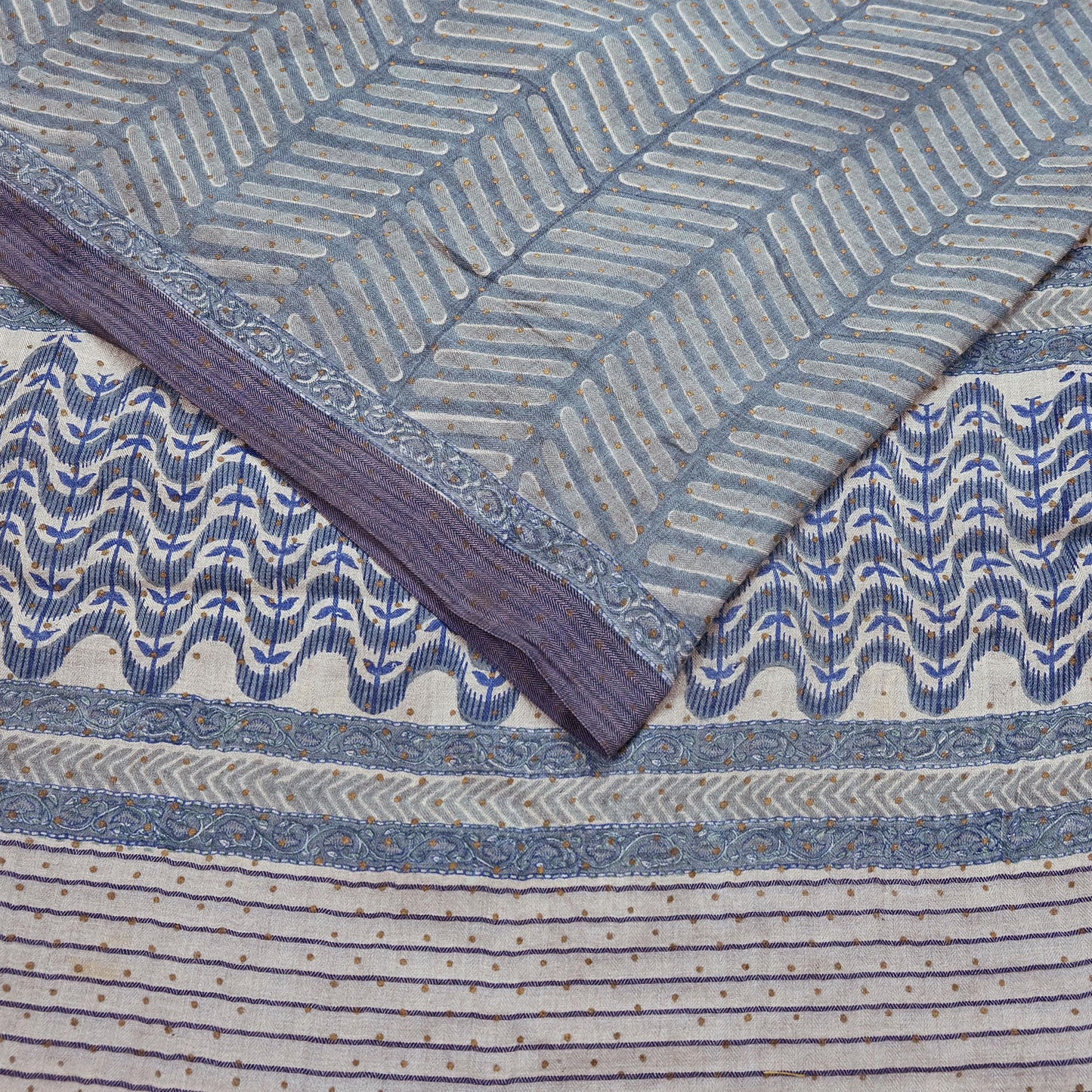 Indian Vintage Gray & Ivory Saree Pure Woolen Woven Printed Sari Warm Craft Fabric 6Yd Border Dress making Crafting Designing