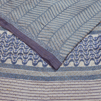 Indian Vintage Gray & Ivory Saree Pure Woolen Woven Printed Sari Warm Craft Fabric 6Yd Border Dress making Crafting Designing