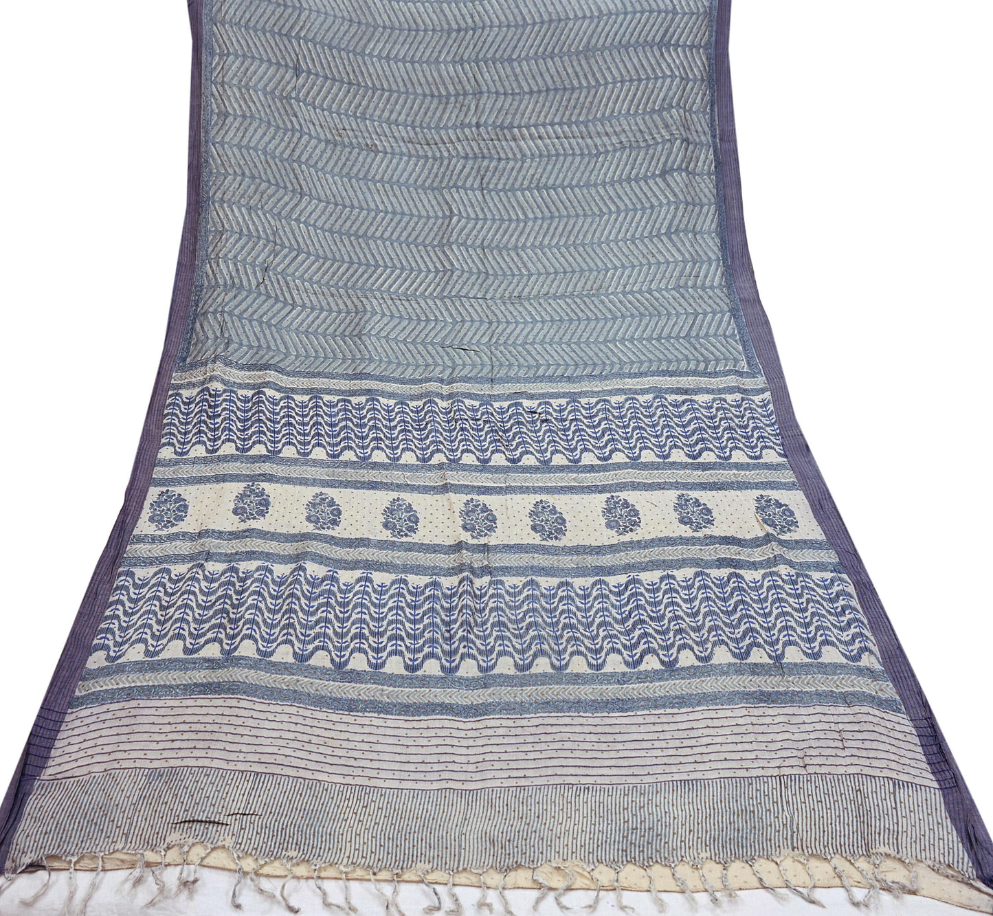 Indian Vintage Gray & Ivory Saree Pure Woolen Woven Printed Sari Warm Craft Fabric 6Yd Border Dress making Crafting Designing