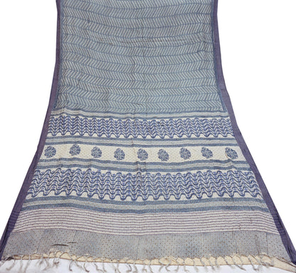 Indian Vintage Gray & Ivory Saree Pure Woolen Woven Printed Sari Warm Craft Fabric 6Yd Border Dress making Crafting Designing