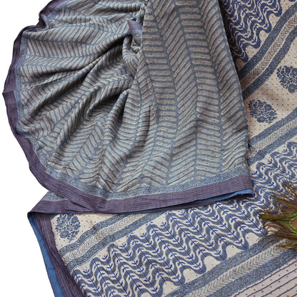 Indian Vintage Gray & Ivory Saree Pure Woolen Woven Printed Sari Warm Craft Fabric 6Yd Border Dress making Crafting Designing