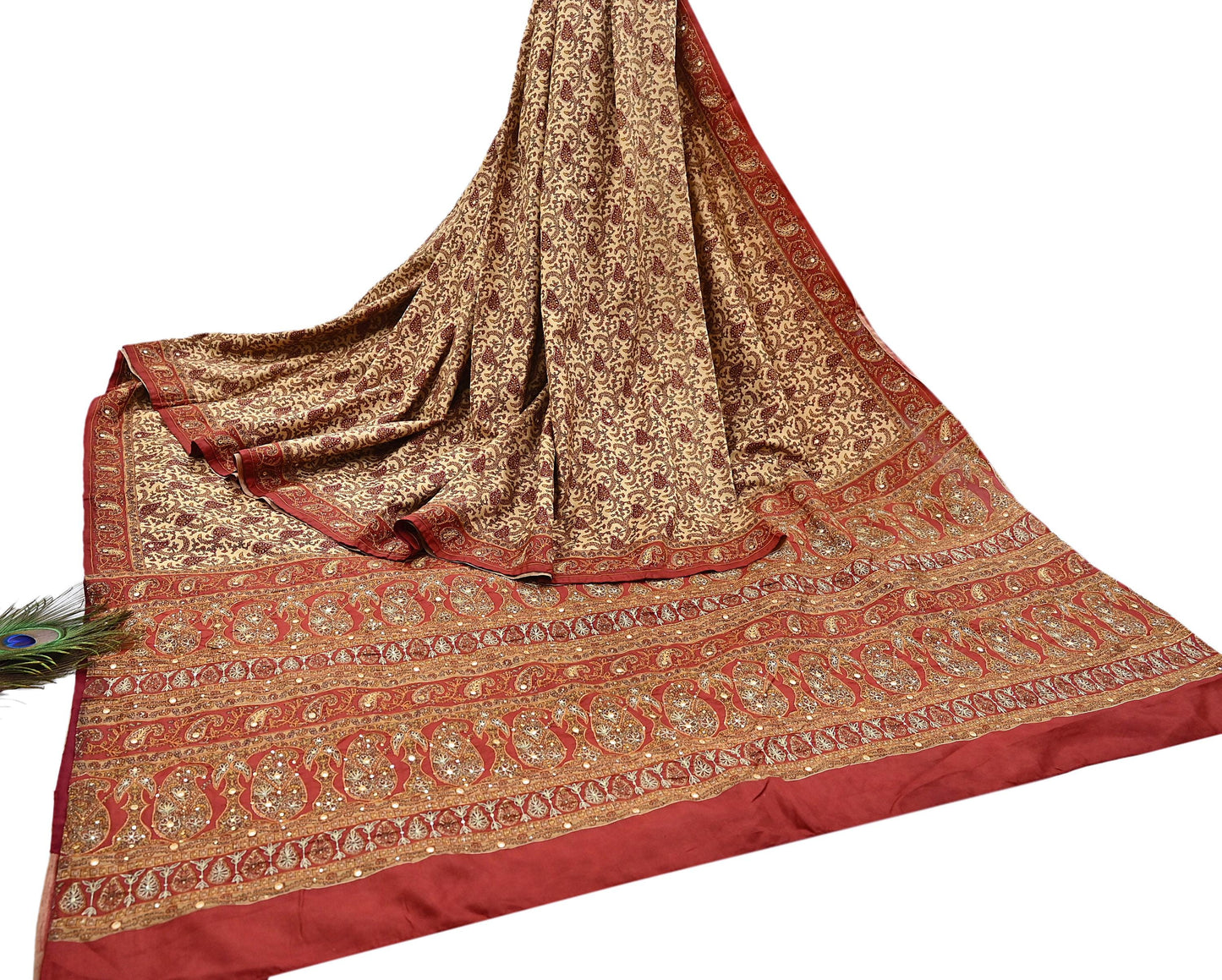 Indian Pre-Owned Sari Rusty & Beige Pure Crepe Silk Pre-owned Hand Embroidered Ritu Kumar Designer Sarees Fabric 5Yd Ethnic