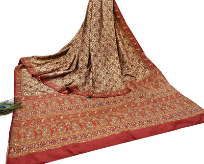 Indian Pre-Owned Sari Rusty & Beige Pure Crepe Silk Pre-owned Hand Embroidered Ritu Kumar Designer Sarees Fabric 5Yd Ethnic