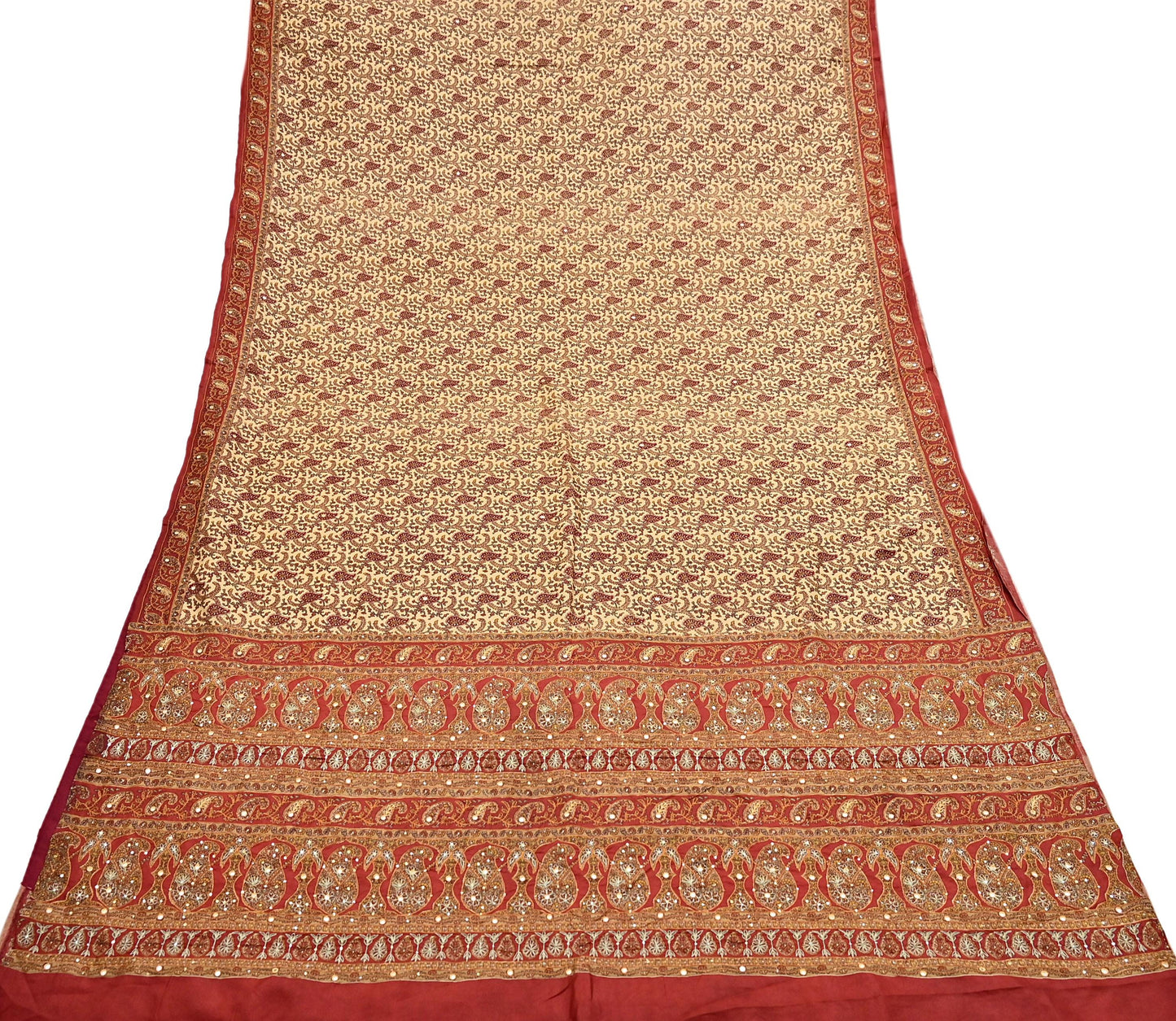 Indian Pre-Owned Sari Rusty & Beige Pure Crepe Silk Pre-owned Hand Embroidered Ritu Kumar Designer Sarees Fabric 5Yd Ethnic