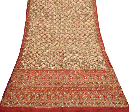 Indian Pre-Owned Sari Rusty & Beige Pure Crepe Silk Pre-owned Hand Embroidered Ritu Kumar Designer Sarees Fabric 5Yd Ethnic