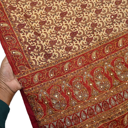 Indian Pre-Owned Sari Rusty & Beige Pure Crepe Silk Pre-owned Hand Embroidered Ritu Kumar Designer Sarees Fabric 5Yd Ethnic