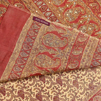 Indian Pre-Owned Sari Rusty & Beige Pure Crepe Silk Pre-owned Hand Embroidered Ritu Kumar Designer Sarees Fabric 5Yd Ethnic