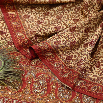 Indian Pre-Owned Sari Rusty & Beige Pure Crepe Silk Pre-owned Hand Embroidered Ritu Kumar Designer Sarees Fabric 5Yd Ethnic