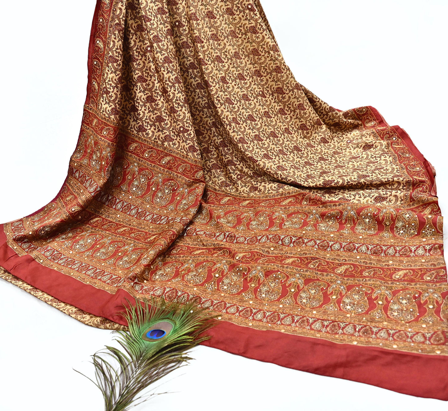 Indian Pre-Owned Sari Rusty & Beige Pure Crepe Silk Pre-owned Hand Embroidered Ritu Kumar Designer Sarees Fabric 5Yd Ethnic