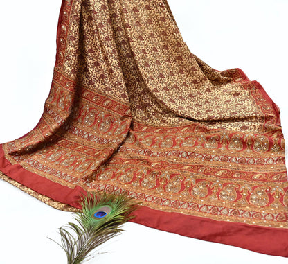 Indian Pre-Owned Sari Rusty & Beige Pure Crepe Silk Pre-owned Hand Embroidered Ritu Kumar Designer Sarees Fabric 5Yd Ethnic