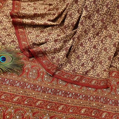 Indian Pre-Owned Sari Rusty & Beige Pure Crepe Silk Pre-owned Hand Embroidered Ritu Kumar Designer Sarees Fabric 5Yd Ethnic