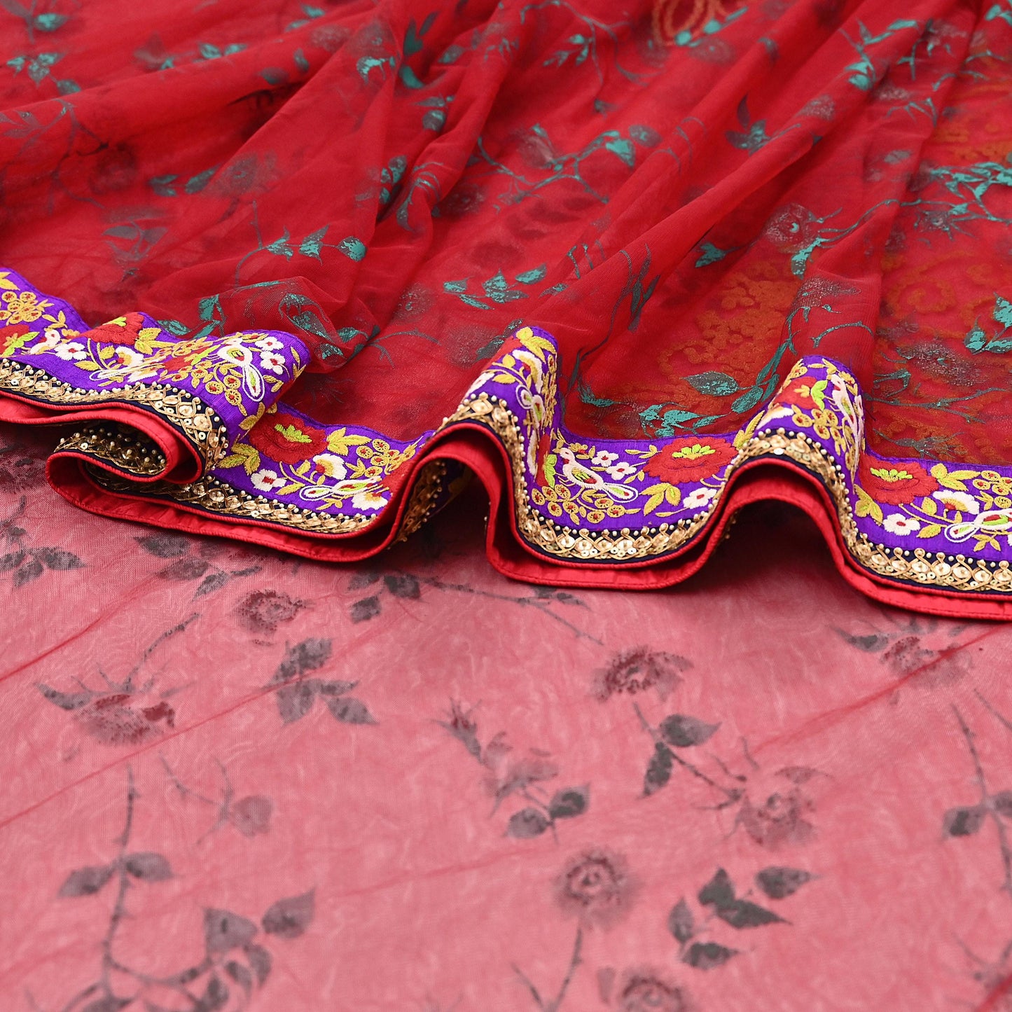 Indian Pre-owned Saree Red Mesh/Net Hand Embroidered Sabyasachi Designer Sari 5Yd Soft Ethnic Bollywood Party saree
