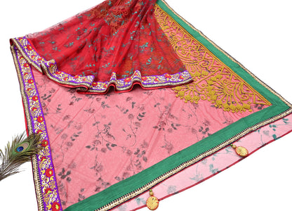 Indian Pre-owned Saree Red Mesh/Net Hand Embroidered Sabyasachi Designer Sari 5Yd Soft Ethnic Bollywood Party saree