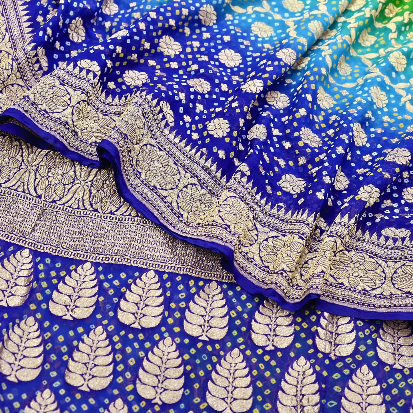 Indian Pre-Owned Sari Blue & Green Pure Georgette silk Hand Woven Bandhani Sarees Ethnic Zari Wedding Saree