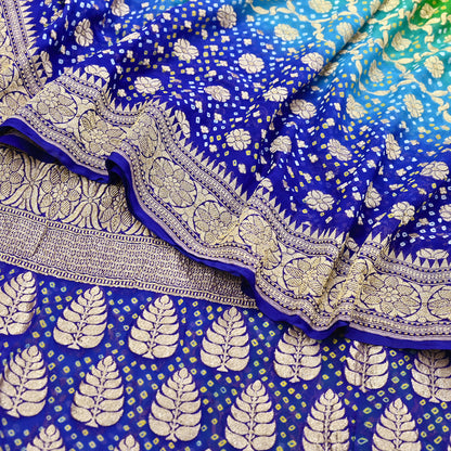 Indian Pre-Owned Sari Blue & Green Pure Georgette silk Hand Woven Bandhani Sarees Ethnic Zari Wedding Saree