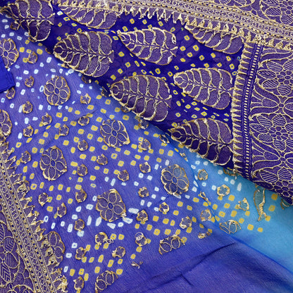 Indian Pre-Owned Sari Blue & Green Pure Georgette silk Hand Woven Bandhani Sarees Ethnic Zari Wedding Saree