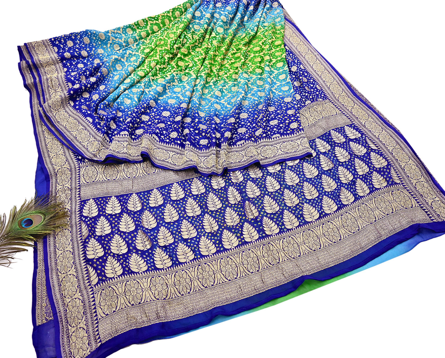 Indian Pre-Owned Sari Blue & Green Pure Georgette silk Hand Woven Bandhani Sarees Ethnic Zari Wedding Saree