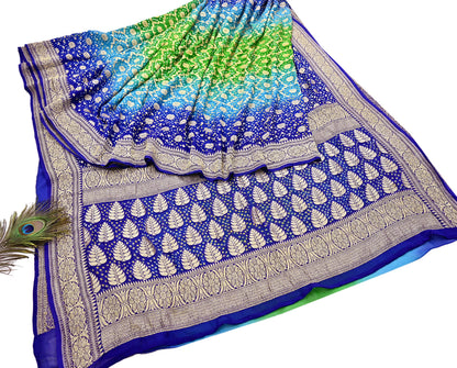 Indian Pre-Owned Sari Blue & Green Pure Georgette silk Hand Woven Bandhani Sarees Ethnic Zari Wedding Saree