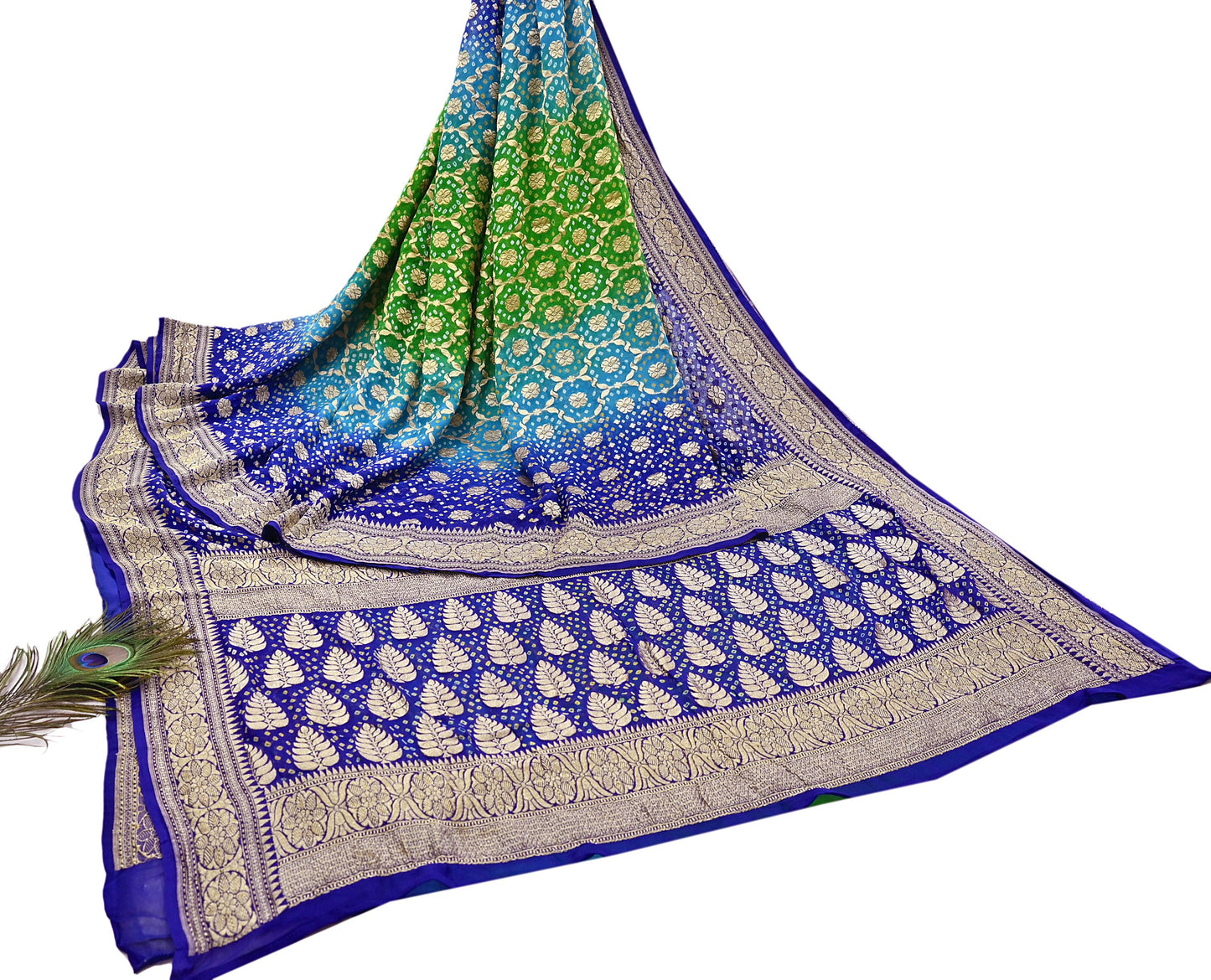 Indian Pre-Owned Sari Blue & Green Pure Georgette silk Hand Woven Bandhani Sarees Ethnic Zari Wedding Saree