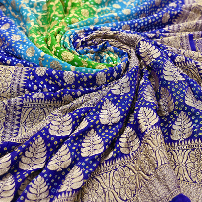 Indian Pre-Owned Sari Blue & Green Pure Georgette silk Hand Woven Bandhani Sarees Ethnic Zari Wedding Saree