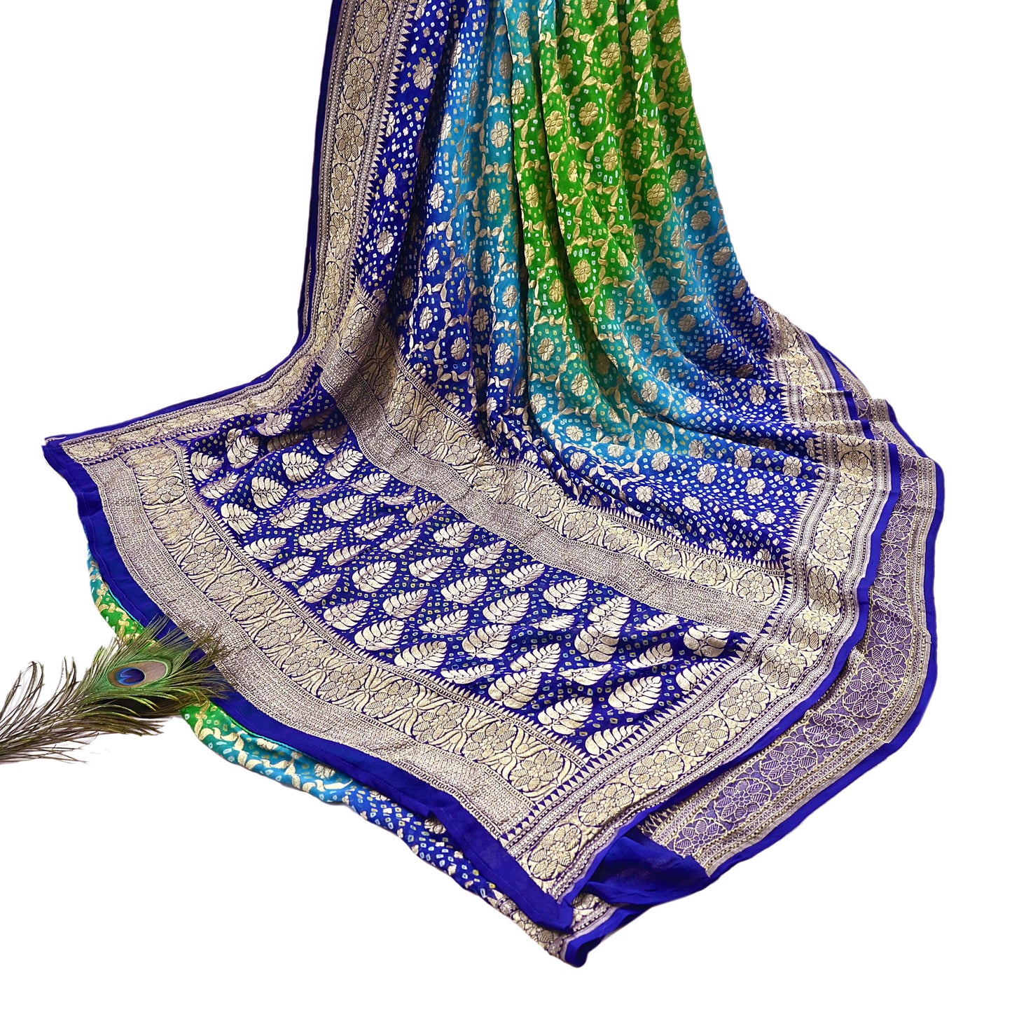 Indian Pre-Owned Sari Blue & Green Pure Georgette silk Hand Woven Bandhani Sarees Ethnic Zari Wedding Saree