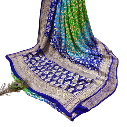Indian Pre-Owned Sari Blue & Green Pure Georgette silk Hand Woven Bandhani Sarees Ethnic Zari Wedding Saree
