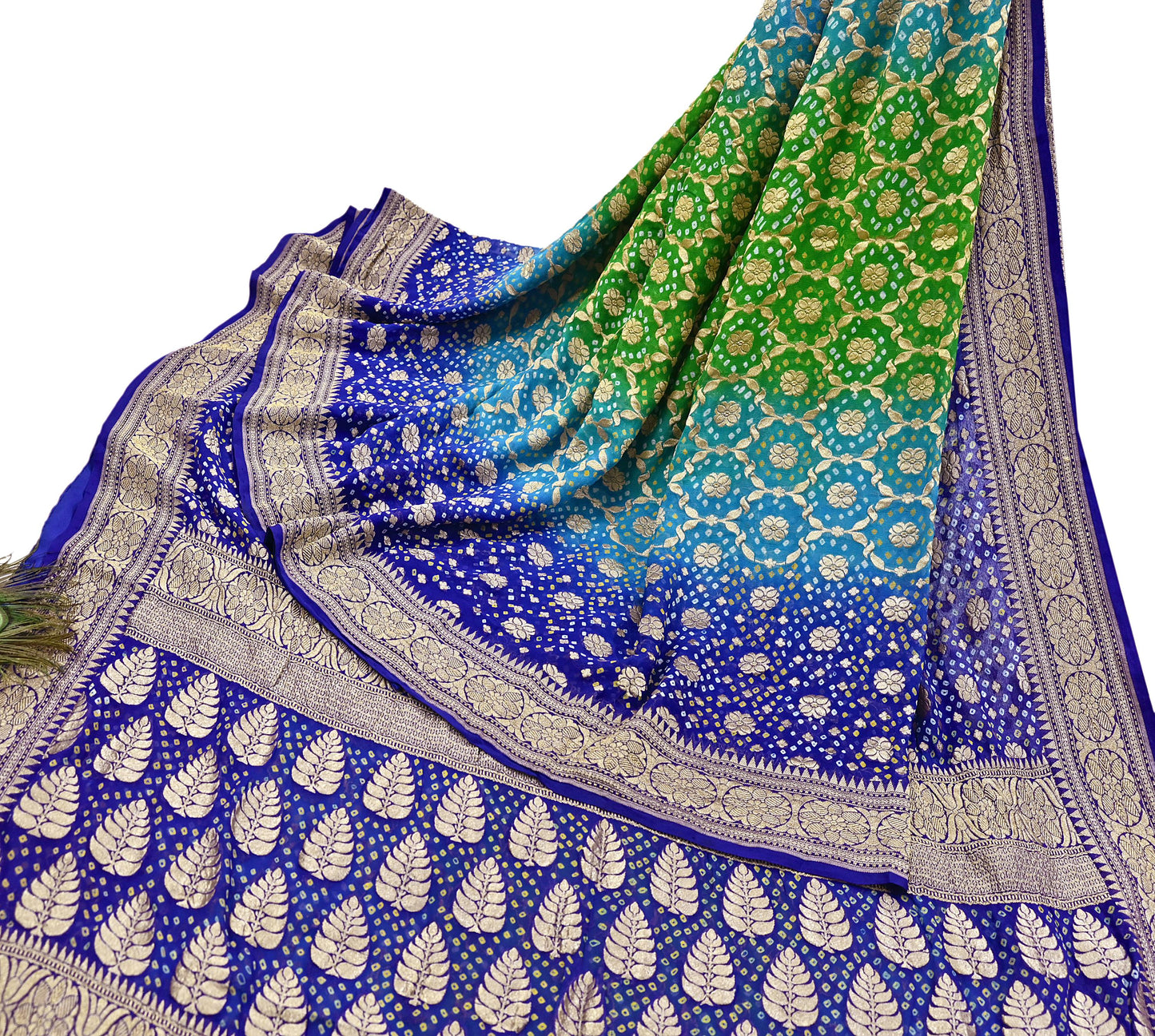 Indian Pre-Owned Sari Blue & Green Pure Georgette silk Hand Woven Bandhani Sarees Ethnic Zari Wedding Saree