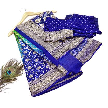 Indian Pre-Owned Sari Blue & Green Pure Georgette silk Hand Woven Bandhani Sarees Ethnic Zari Wedding Saree