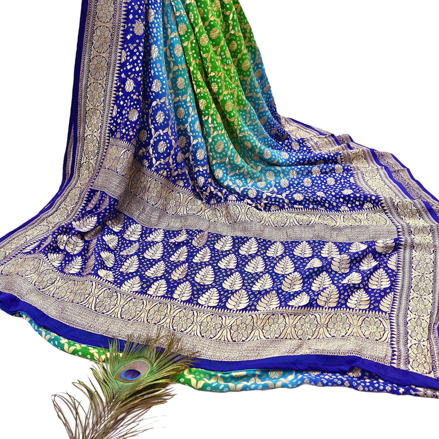 Indian Pre-Owned Sari Blue & Green Pure Georgette silk Hand Woven Bandhani Sarees Ethnic Zari Wedding Saree
