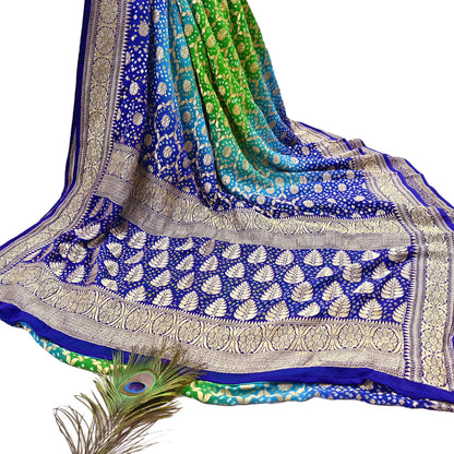 Indian Pre-Owned Sari Blue & Green Pure Georgette silk Hand Woven Bandhani Sarees Ethnic Zari Wedding Saree