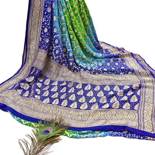 Indian Pre-Owned Sari Blue & Green Pure Georgette silk Hand Woven Bandhani Sarees Ethnic Zari Wedding Saree