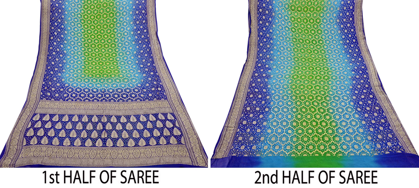 Indian Pre-Owned Sari Blue & Green Pure Georgette silk Hand Woven Bandhani Sarees Ethnic Zari Wedding Saree