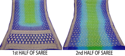 Indian Pre-Owned Sari Blue & Green Pure Georgette silk Hand Woven Bandhani Sarees Ethnic Zari Wedding Saree