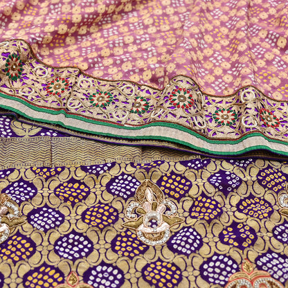 Indian Pre-Owned Sari Pink & Purple Pure silk Hand Embroidered Bandhani Gharchola Sarees Ethnic Zardozi/Dabka Zari Wedding Saree