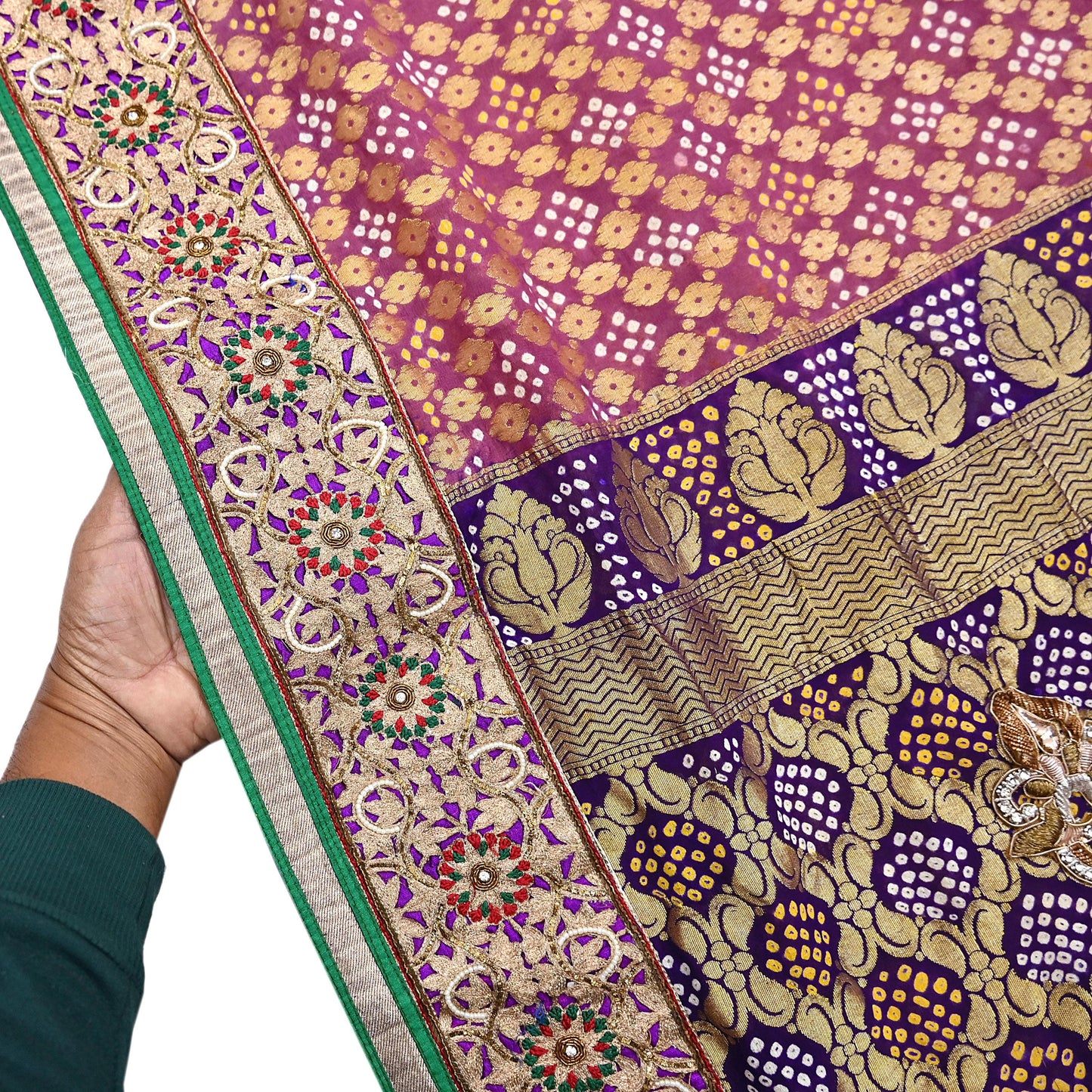 Indian Pre-Owned Sari Pink & Purple Pure silk Hand Embroidered Bandhani Gharchola Sarees Ethnic Zardozi/Dabka Zari Wedding Saree